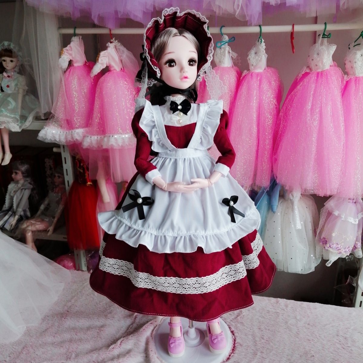 Collectible Vintage Matches - ชุดแม่บ้านสีเบอร์กันดีสไตล์วินเทจสำหรับตุ๊กตา BJD ขนาด 45 ซม. และ