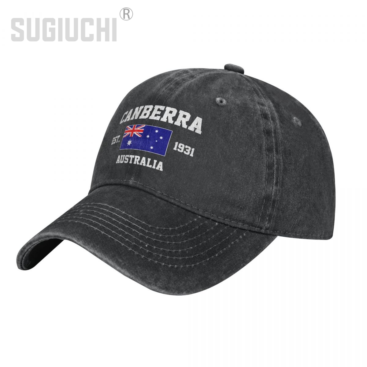 Canberra Vintage & Collectible Centre Reviews - หมวกเบสบอลยีนส์สีเทาเข้มแบบวินเทจสำหรับผู้ใหญ่ลายธงชาติออสเตรเลีย EST.1931 Canberra ผ้าฝ้ายสไตล์ Dad Hat