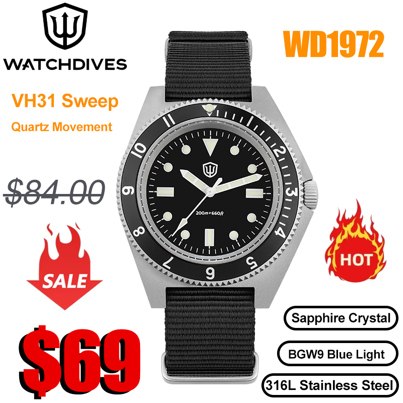 Vintage Collectible Watches - Watchdives WD1972 ควอตซ์นาฬิกา VH31 กวาดวินาที Sapphire