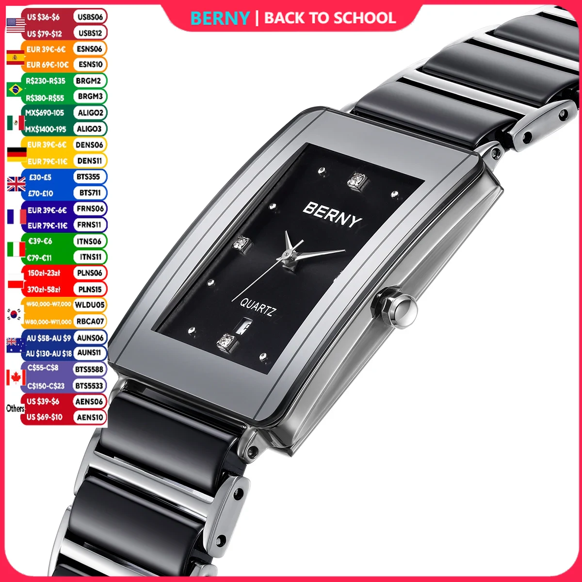 Vintage Collectible Watches - BERNY เซรามิกส์นาฬิกาสำหรับผู้ชายปฏิทินนาฬิกาควอทซ์ทรงสี่เหลี่ยมผืนผ้าสไตล์วินเทจหรูหราเพชรนาฬิกาข้อมือผู้ชาย